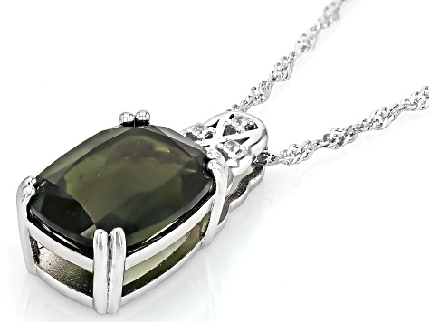 Green Moldavite Rhodium Over Sterling Silver Pendant with Chain 4.06ctw