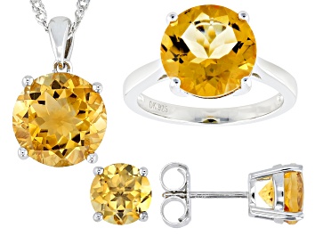Picture of Yellow Citrine Rhodium Over Sterling Silver Pendant with Chain, Earrings, and Ring Set 11.65ctw
