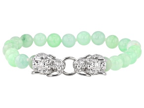 Green Jadeite Rhodium Over Sterling Silver Dragon Stretch Bracelet