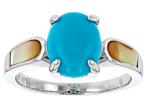 Blue Sleeping Beauty Turquoise with Mother-of-Pearl Rhodium Over Sterling Silver Ring