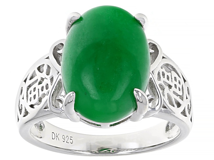 Green Jadeite Rhodium Over Sterling Silver Ring