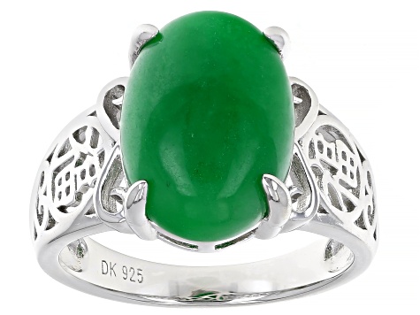 Green Jadeite Rhodium Over Sterling Silver Ring