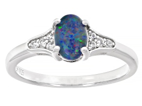 Blue Australian Opal Triplet Rhodium Over Sterling Silver Ring 0.07ctw