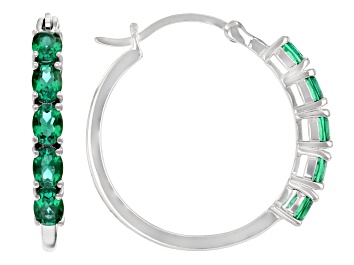 Picture of Green Lab Created Emerald Rhodium Over Sterling Silver Hoop Earrings 1.50ctw