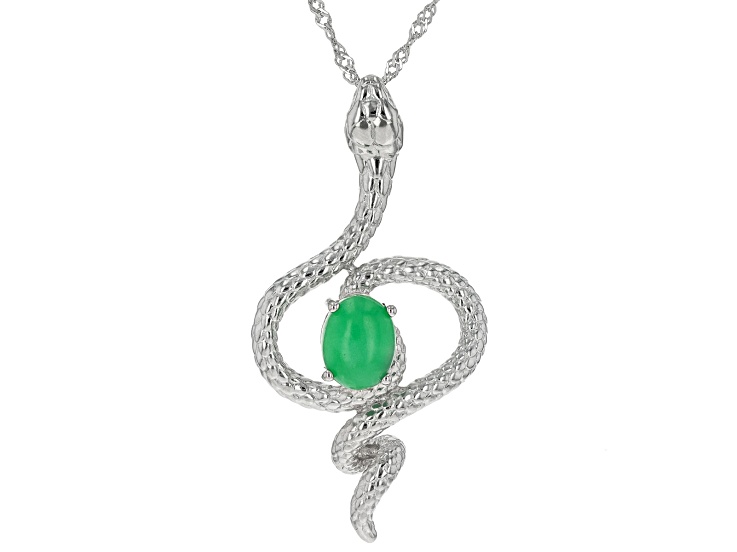 Green Jadeite Rhodium Over Sterling Silver Snake Necklace