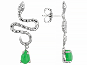 Picture of Green Jadeite Rhodium Over Sterling Silver Snake Earrings
