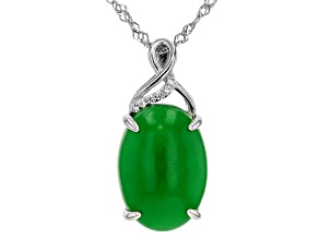 Green Jadeite Rhodium Over Sterling Silver Pendant with Chain 0.03ctw