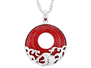 Red Jadeite Rhodium Over Sterling Silver Koi Fish Pendant with Chain