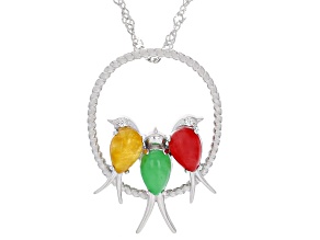 Yellow, Green, and Red Jadeite Rhodium Over Sterling Silver Pendant with Chain
