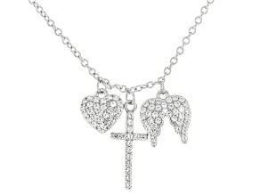 White Lab Created Sapphire Rhodium Over Sterling Silver Hearts & Cross Charm Necklace 0.35ctw