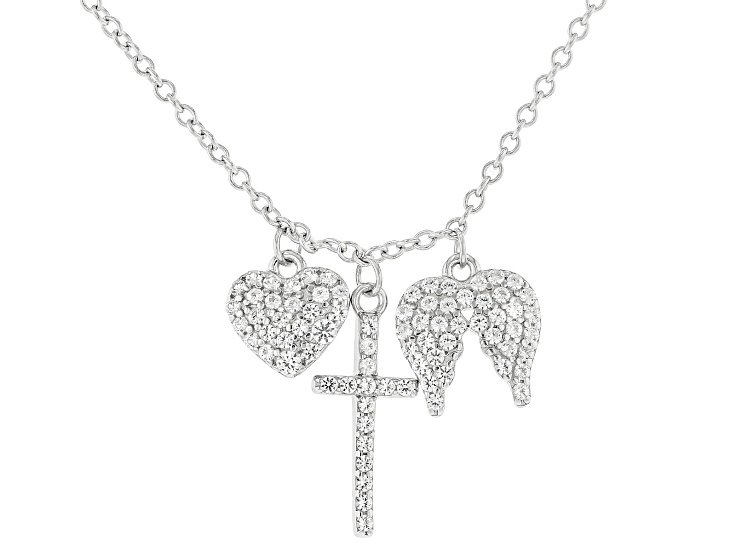 White Lab Created Sapphire Rhodium Over Sterling Silver Hearts & Cross Charm Necklace 0.35ctw