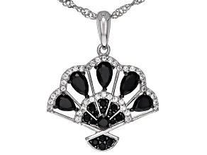 Black Spinel Rhodium Over Sterling Silver Fan Pendant with Chain 1.10ctw
