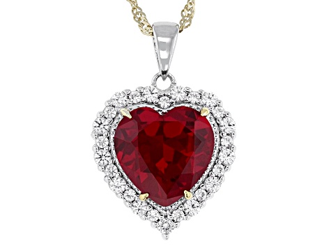 Red Lab Created Ruby Rhodium & 18k Yellow Gold Over Sterling Silver Pendant with Chain 6.25ctw
