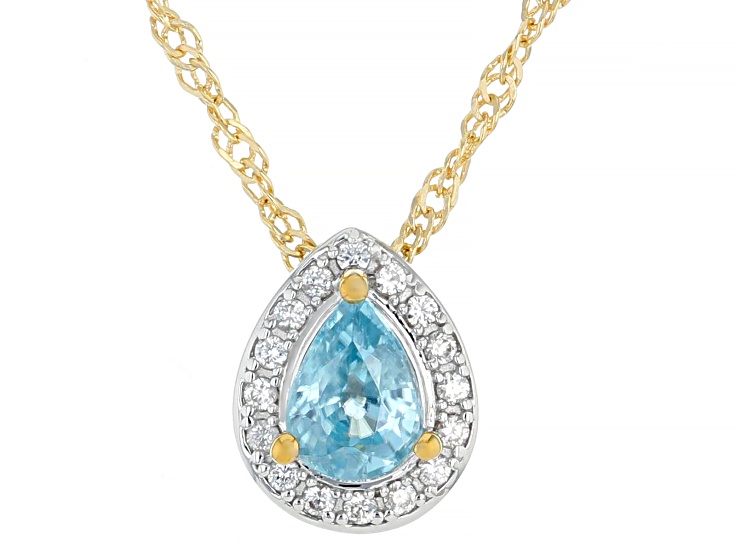 Blue Zircon 18k Yellow Gold and Rhodium Over Sterling Silver Pendant with Chain 1.01ctw