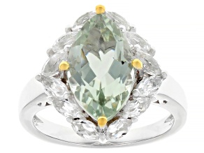 Green Prasiolite With White Topaz Rhodium And 18K Yellow Gold Over Sterling Silver Ring 3.67ctw