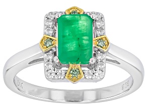 Zambian Emerald with Prazana® Lab Grown Diamonds Rhodium & 18k Gold Over Silver Ring 0.96ctw