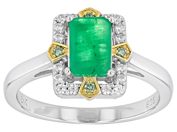 Picture of Zambian Emerald with Prazana® Lab Grown Diamonds & Zircon Rhodium & 18k Gold Over Silver Ring