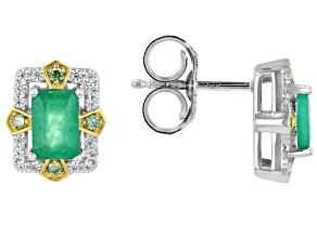 Green Zambian Emerald Rhodium & 18k Gold Over Silver Earrings 0.99ctw