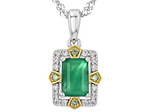 Green Zambian Emerald Rhodium & 18k Gold Over Silver Pendant with Chain 0.96ctw