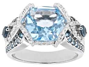 Sky & London Blue Topaz with Prazana® Lab-Grown Diamonds Rhodium Over Sterling Silver Ring 4.03ctw