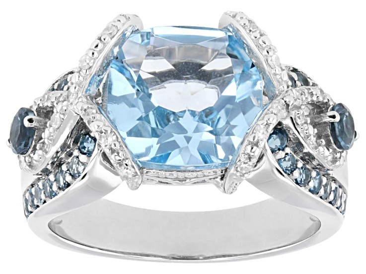 Sky & London Blue Topaz with Prazana® Lab-Grown Diamonds F-G VS-SI Rhodium Over Silver Ring 4.03ctw
