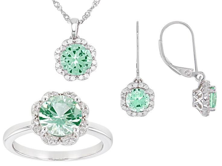 Green Lab Created Spinel With White Zircon Rhodium Over Sterling Silver Jewelry Set 5.79ctw