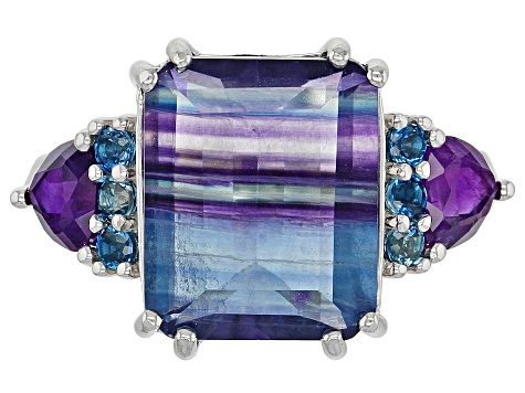 Bi-Color Fluorite Rhodium Over Sterling Silver Ring 7.07ctw