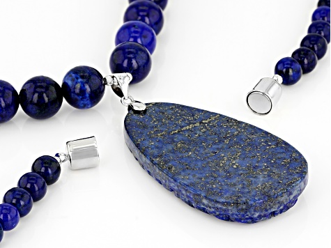 Blue lapis lazuli bead and carved peacock sterling silver necklace