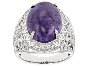 Purple Charoite Rhodium Over Silver Ring