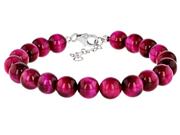 Picture of Pink Tigers Eye Bead Strand Rhodium Over Silver Bracelet