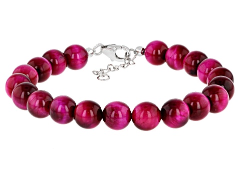 Pink Tigers Eye Bead Strand Rhodium Over Silver Bracelet