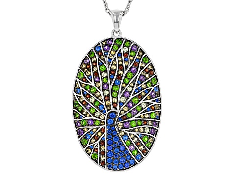 Multi-Gemstone Rhodium Over Sterling Silver Peacock Pendant with Chain  2.45ctw