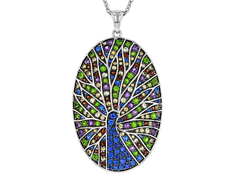 Multi-Gemstone Rhodium Over Sterling Silver Peacock Pendant with Chain 2.45ctw