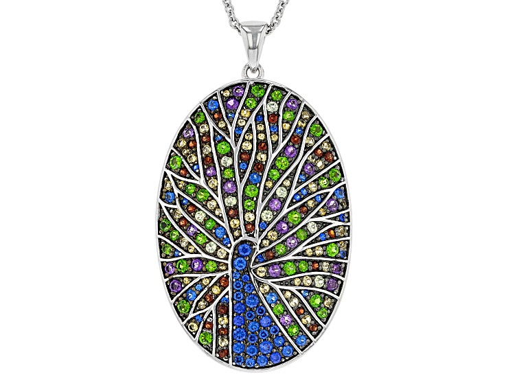 Multi-Gemstone Rhodium Over Sterling Silver Peacock Pendant with