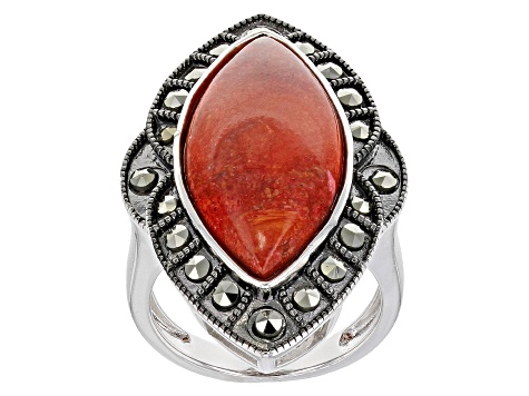 Red Sponge Coral Rhodium Over Silver Ring