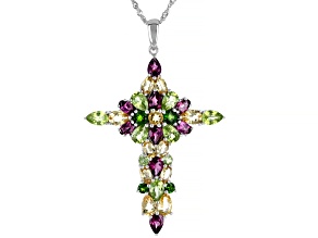 Multi-Gem Rhodium Over Sterling Silver Cross Pendant with Chain 10.01ctw