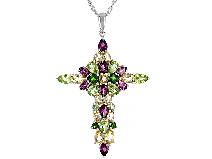 Big multi gemstone Cross Pendant 925 sterling silver handmade jewelry —  Discovered