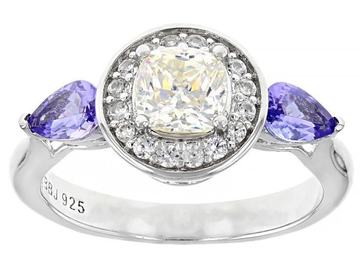White Strontium Titanate with Tanzanite And White Zircon Rhodium Over Silver Ring 1.94ctw