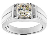 Strontium Titanate And White Zircon Rhodium Over Silver Mens Ring 3.28ctw.