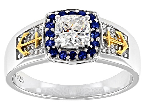 Strontium Titanate And Blue Sapphire Rhodium Over Silver Two Tone Mens Ring 1.78ctw.