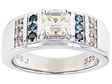 Candlelight Fabulite and Blue Diamond and White Zircon Rhodium Over Silver Men's Ring 1.90ctw.