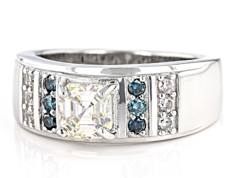 Candlelight Fabulite and Blue Diamond and White Zircon Rhodium Over Silver Men's Ring 1.90ctw.