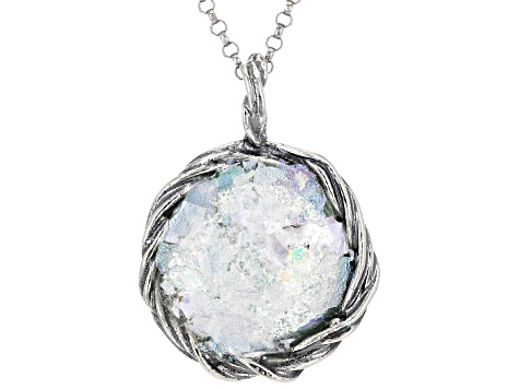 Roman Glass Sterling Silver Textured Pendant with Rolo Chain