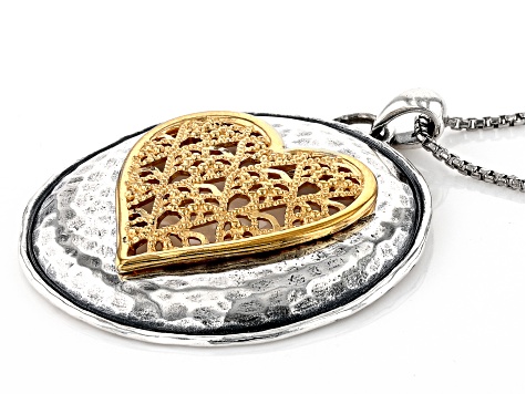Two Tone Sterling Silver & 14K Yellow Gold Over Sterling Silver Heart Pendant With Chain