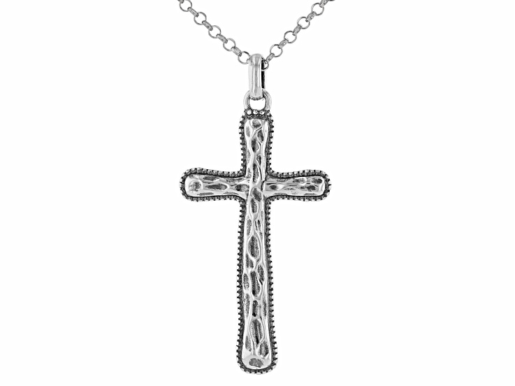 Sterling Silver Textured Cross Pendant With Chain - SPZ025 | JTV