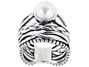 White Cultured Freshwater Pearl Sterling Silver Textured Band Ring