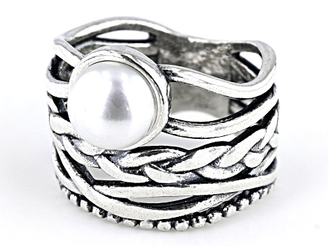 White Cultured Freshwater Pearl Sterling Silver Textured Band Ring