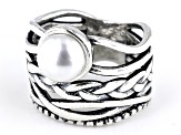 White Cultured Freshwater Pearl Sterling Silver Textured Band Ring