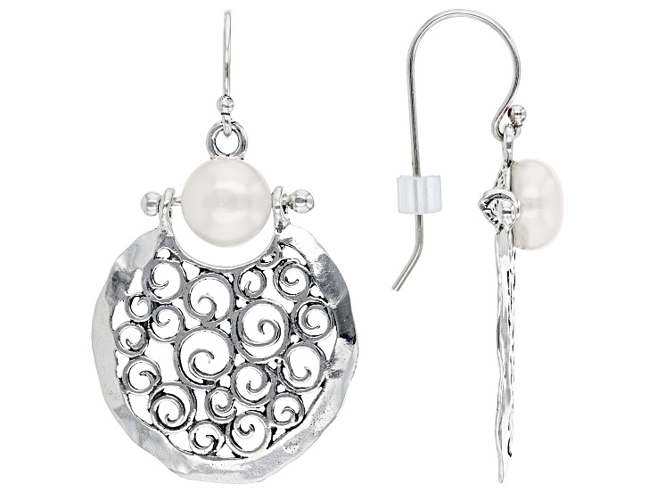 White Cultured Freshwater Pearl Sterling Silver Dangle Earrings 8mm