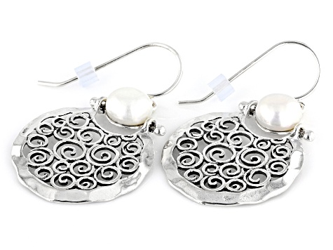 White Cultured Freshwater Pearl Sterling Silver Dangle Earrings